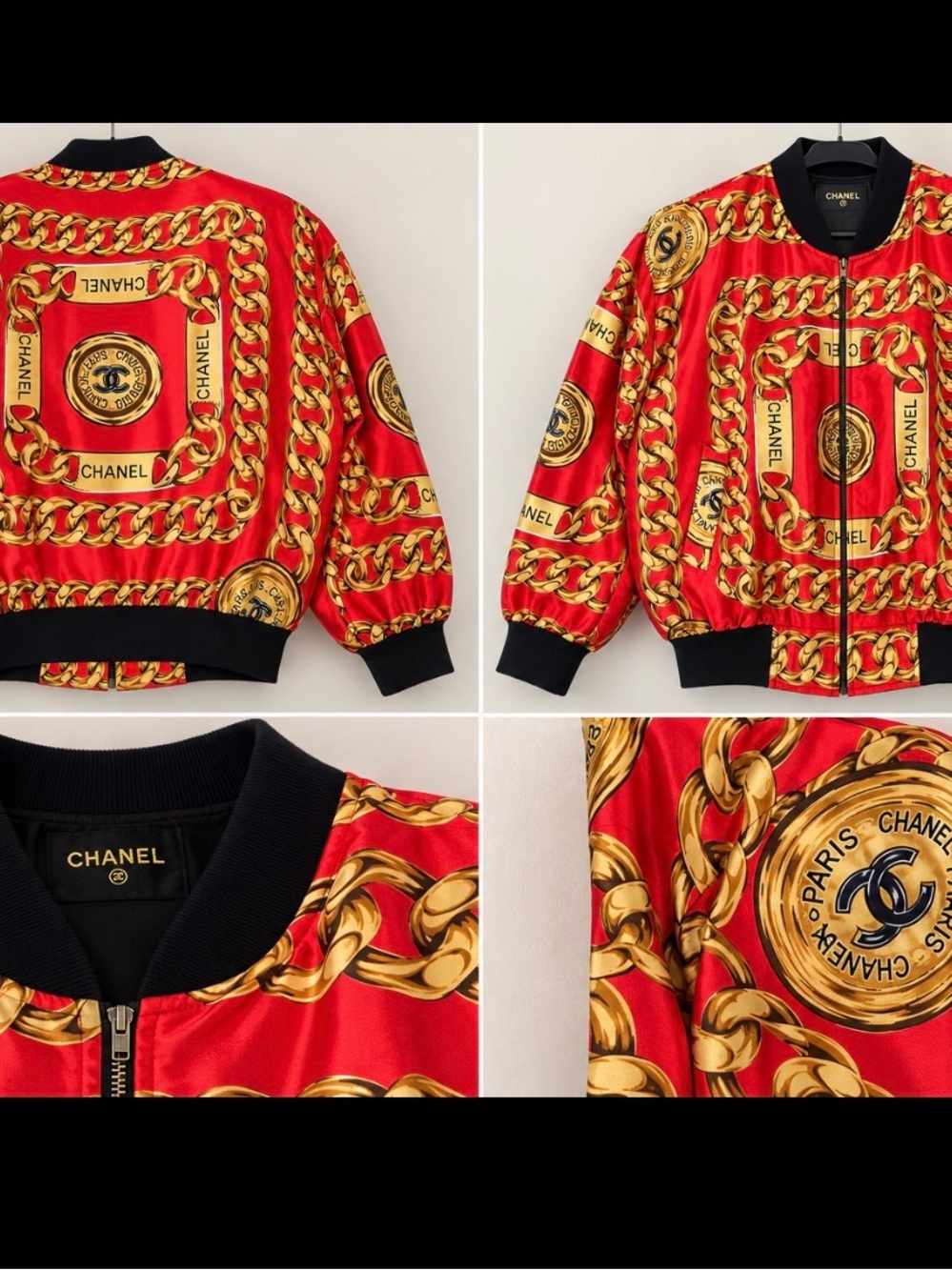 CHANEL Red Bomber Jacket with Gold Chain Motif
